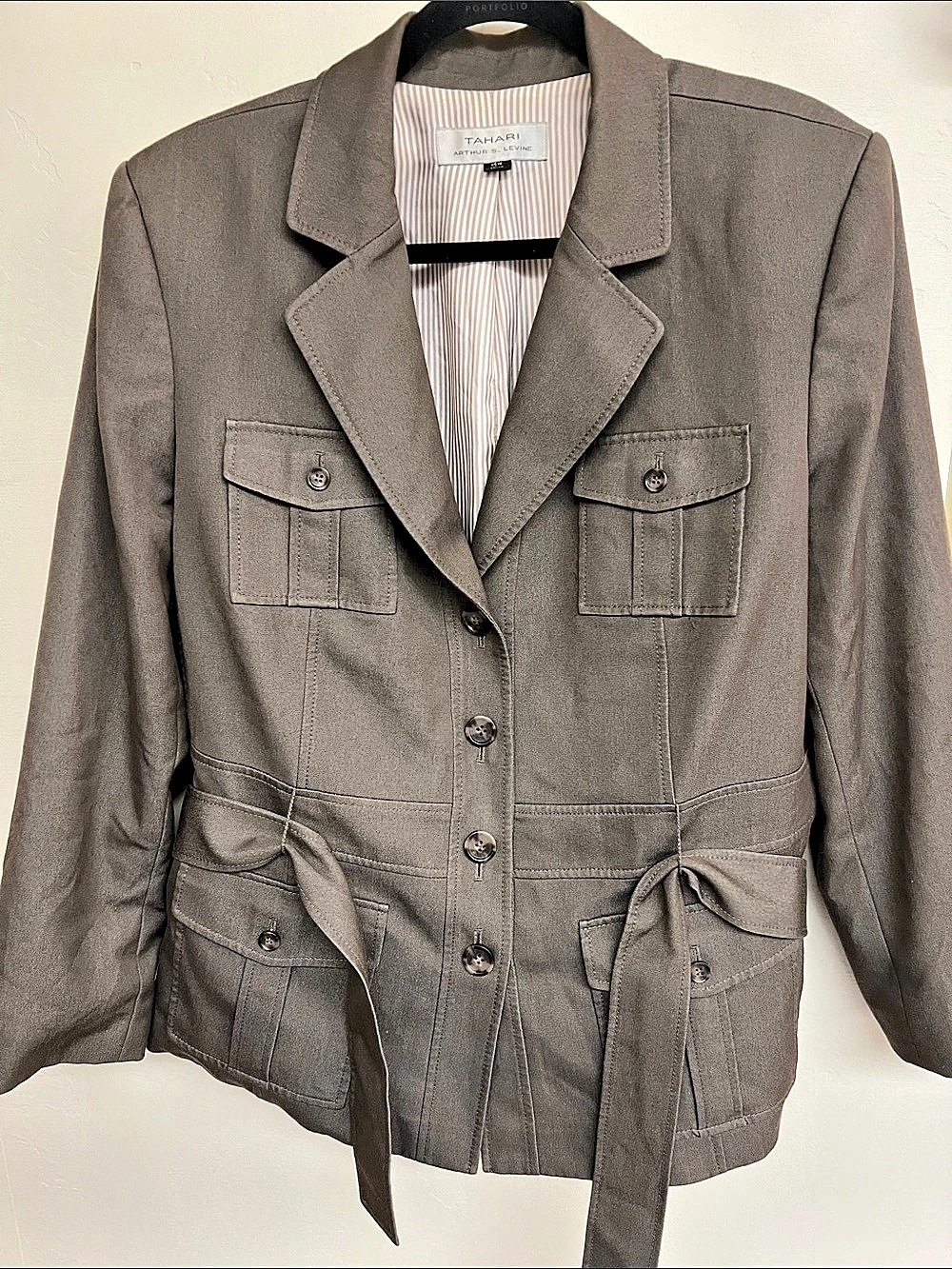 Tahari Arthur S. Levine Women’s 16W Taupe Belted Utility Safari Blazer Jacket